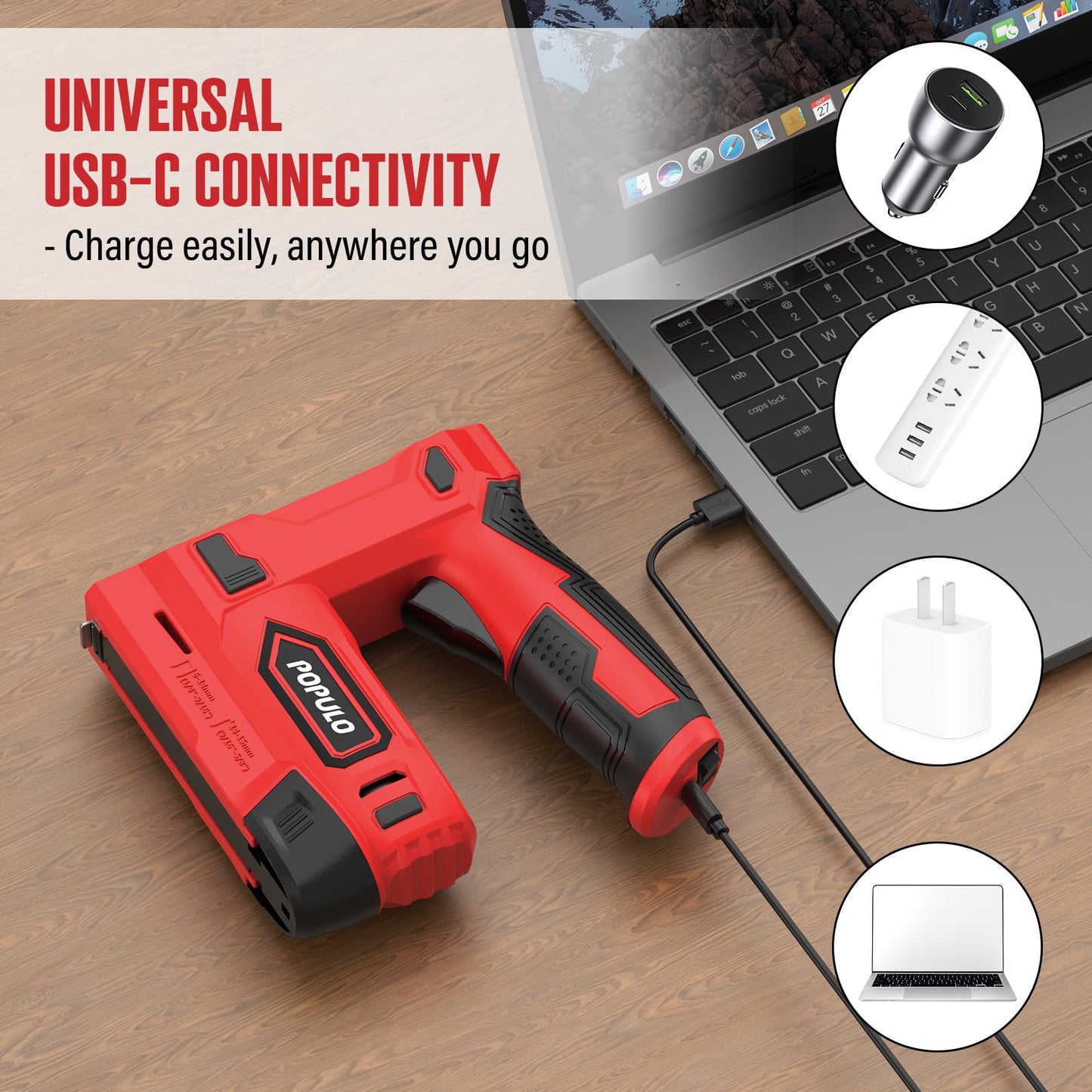 POPULO Electric Staple Gun, 2 in 1 Electric Stapler Tacker 4V Cordless Brad Nailer Kit, Battery Powered Nail Gun for Upholstery, Carpentry, DIY with Staple Remover, 1600 Staples and Nails, Red