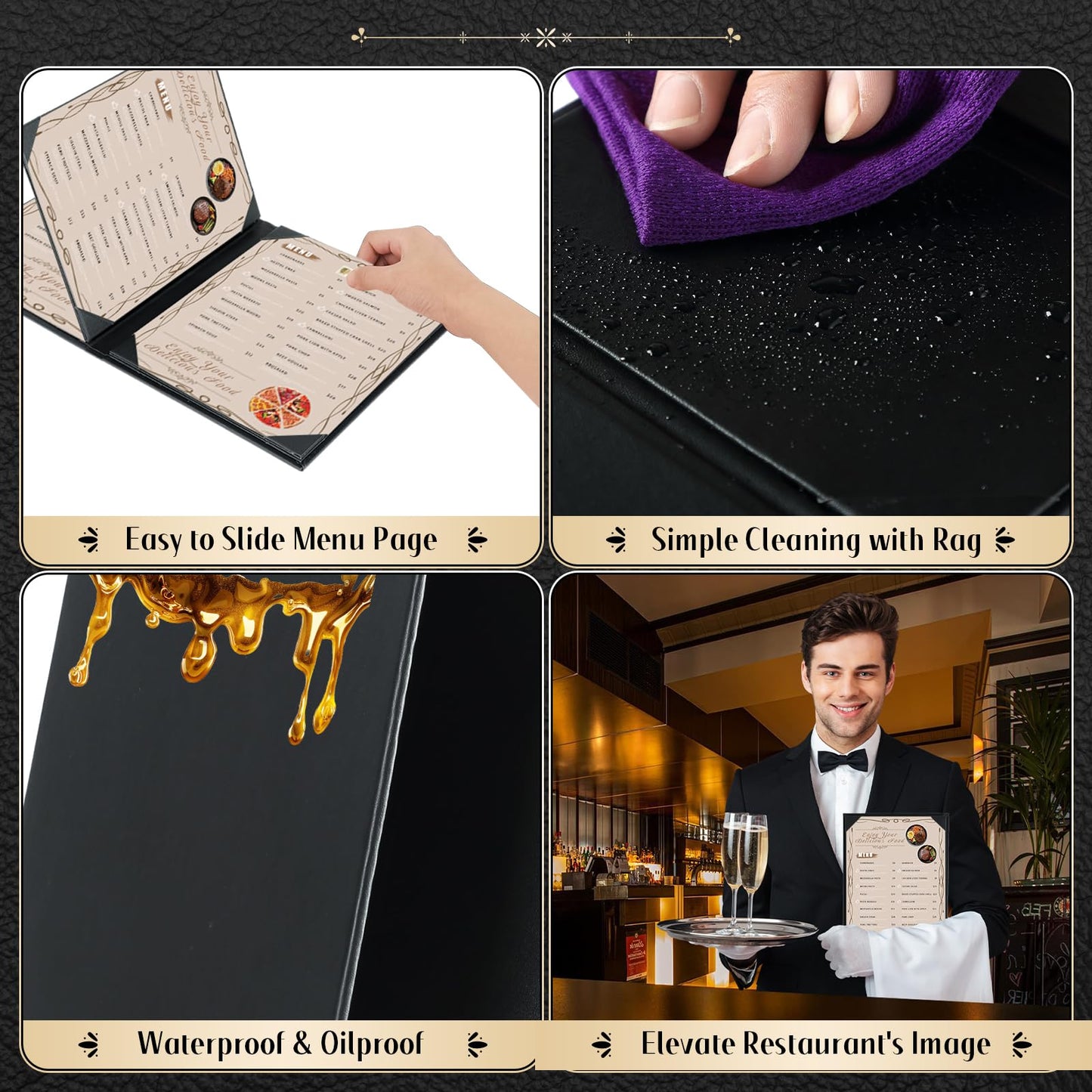 FLKQC Restaurant Menu Covers Holders 8.5 X 11, 10 Pack Synthetic Leather Menu Holder Covers Book Style with Angled Corners Black for Wine List, Certificate Organizer Diploma Holder
