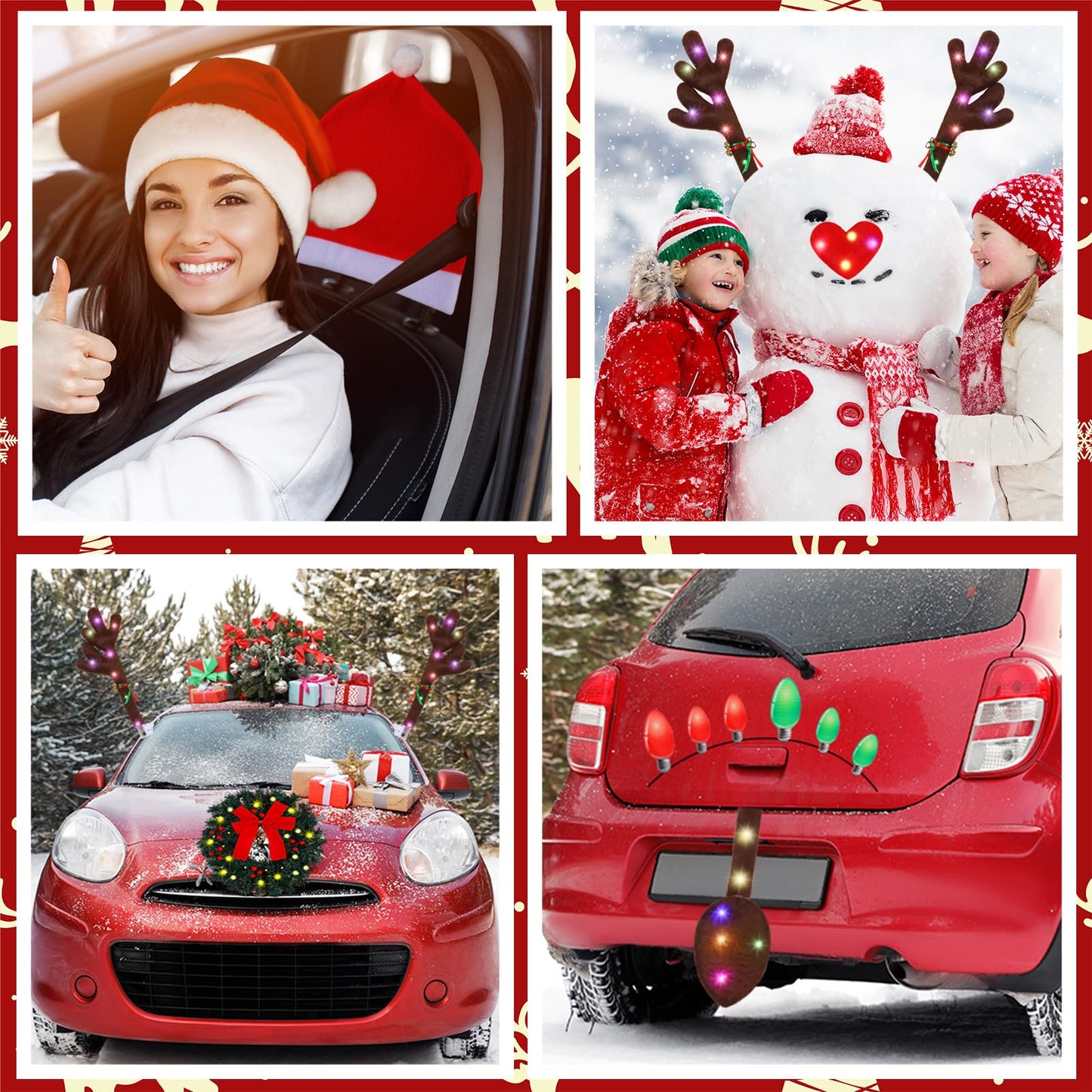 Datanly 34 Pcs Christmas Reindeer Antlers Car Kit Including Christmas Garland with Light String Antlers Nose Tail with LED Light Hanging Santa Legs Magnetic Decals Headrest Cover for Car Truck