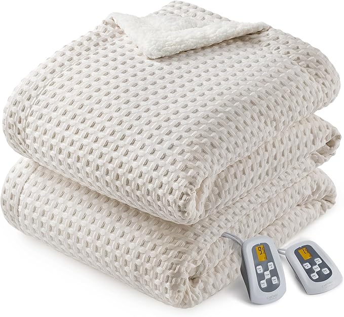 CAROMIO Heated Blanket Queen Size with LCD Dual Controller, Waffle Weave Fast Heating Electric Blankets, 10 Heat Levels & 1-12H Time Settings, ETL Certified, Machine Washable, Beige, 84" x 90"