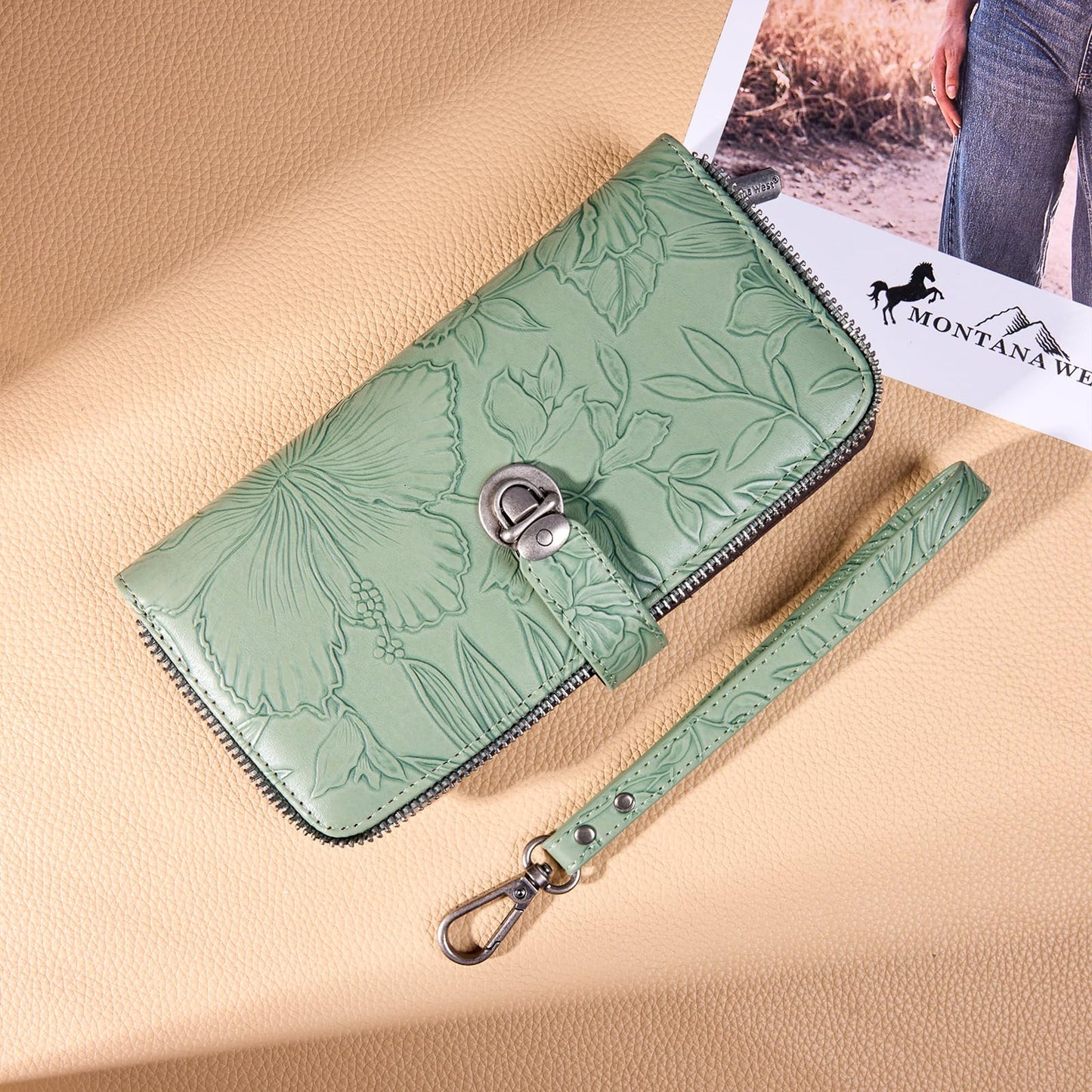 Montana West Green Floral Wallet Wristlet Women Large Capacity RFID Blocking Wallets, Card Cases & Money Organizers Ladies Female Bifold Clutch Wallets with ID Window and Latch Gifts