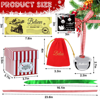 4 Set Polar Express Decorations Gift Box, Christmas Believe Bell Ornaments, 2.3" x 2.7" Sleigh Bell with Personalized Train Ticket and Red Bag