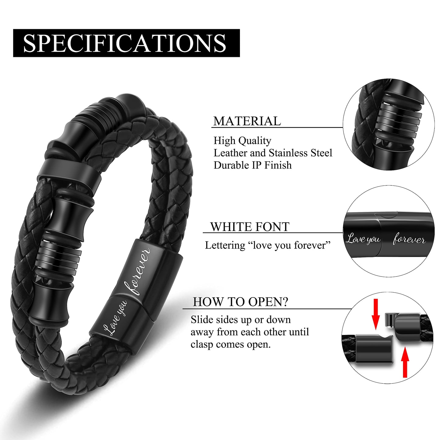 JoycuFF Gifts for Son from Dad Mom Leather Bracelet Gifts for Men Birthday Gift for Son Bracelet from Mom Black Layered Bracelets Engraved I Love You Forever Braied Cuff Graduation Gift
