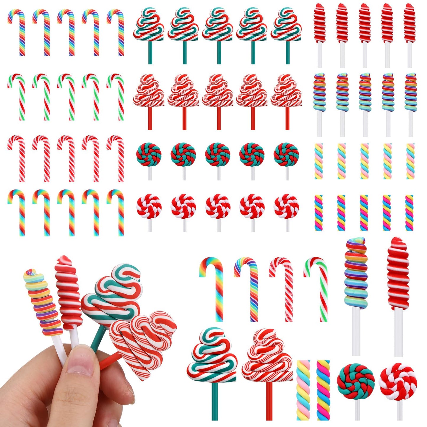 Giegxin 60 Pcs Mini Christmas Fake Candy Canes for Crafts Christmas Decoration Miniature Rainbow Peppermint Lollipop Embellishment Xmas Tiny Candy Ornaments for DIY Craft Making Scrap Booking Supplies