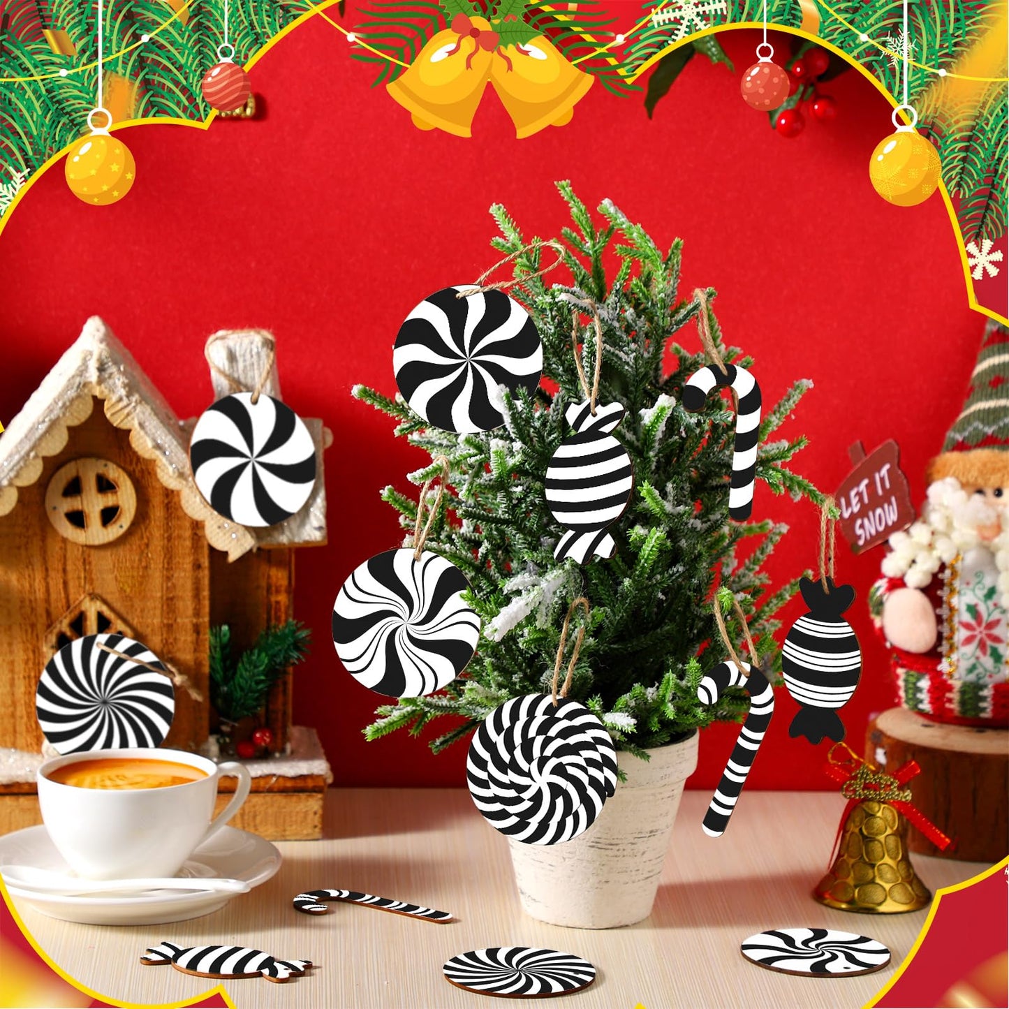 Qunclay 36 Pcs Christmas Candy Hanging Ornaments Wooden Christmas Tree Decorations Black and White Xmas Peppermint Lollipop Ornament Set for Holiday Birthday Party Decoration Supplies Crafts Gifts
