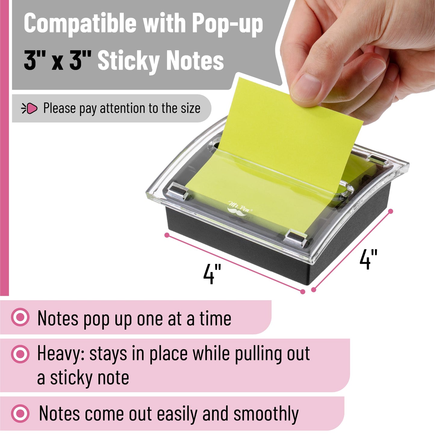 Mr. Pen- Pop Up Note Dispenser, 3" x 3", 2 Pack, Black Base, Clear Top, Sticky Note Dispenser, Sticky Note Holder for Desk
