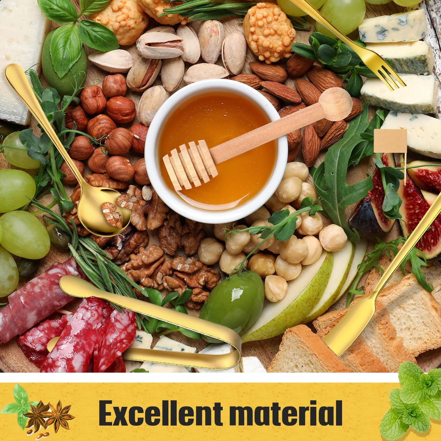 Charcuterie Board Accessories Utensils Cheese Butter Spreader Knives Set Include Serving Tongs, Knives, Spoons, Forks, Toothpick Flags, Honey Dippers, Bowl for Christmas Pastry Making (Gold)