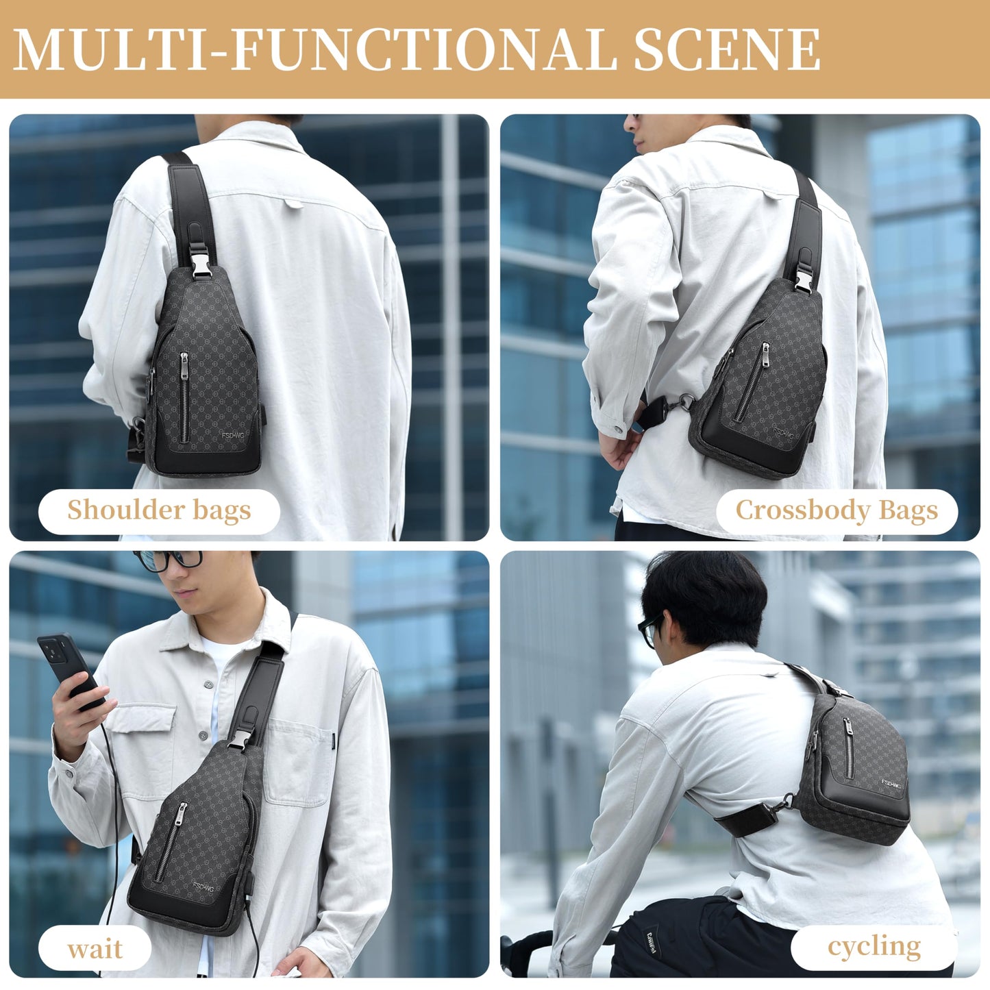 FSD. WG sling Backpack for Men Chest Bag Crossbody Shoulder Bags Travel Hiking Bag Purse for Men with Water Resistant