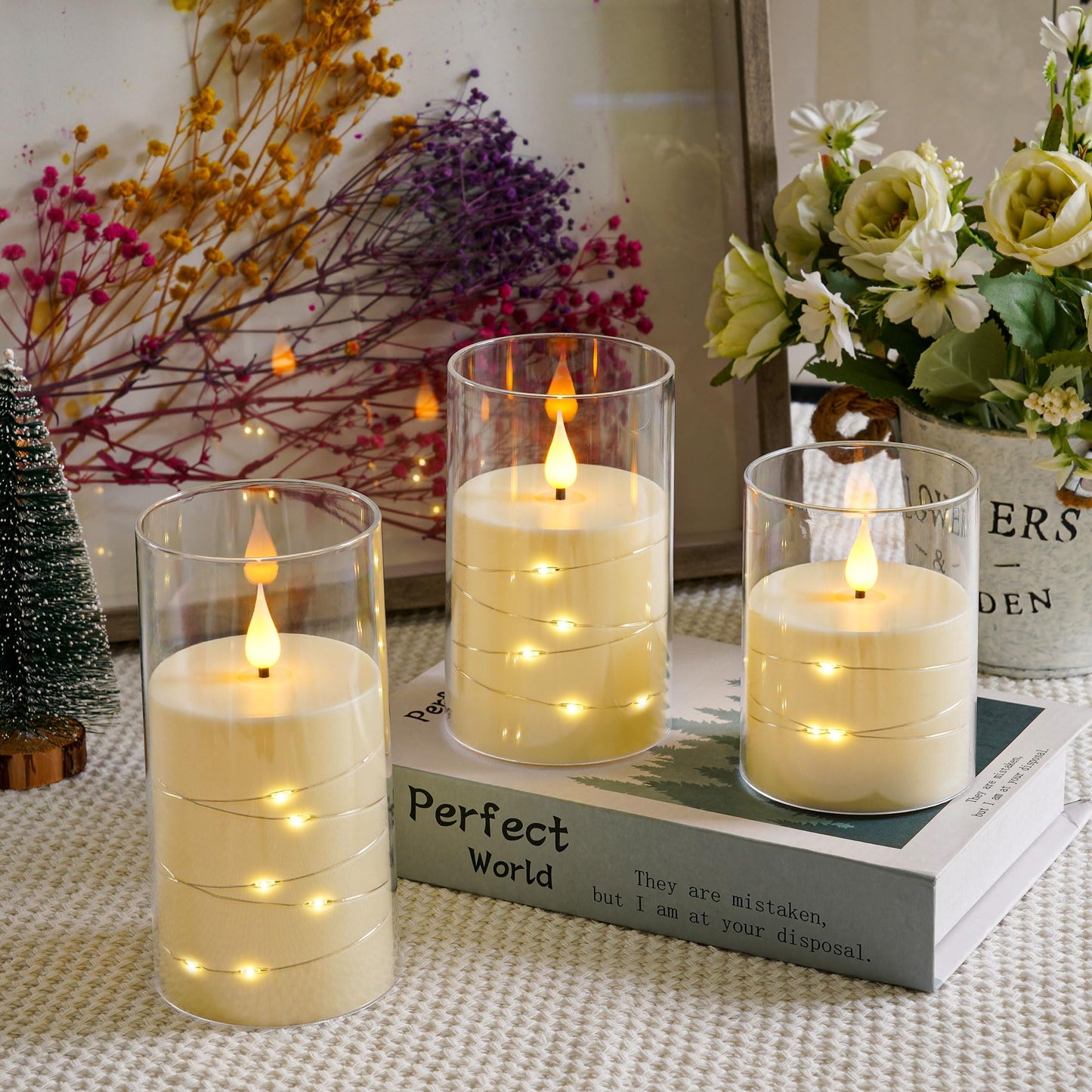 Da by 3 Pack Ivory Transparent Acrylic Flameless Taper Candles, Flickering Black Wick LED Candles with Fairy String Lights, Heat Resistant ABS Candles with Remote for Home Patio Decor