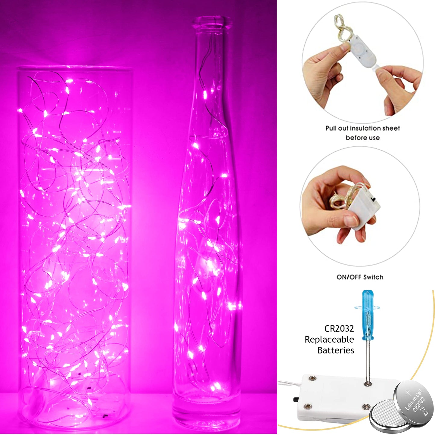 SunKite 16 Packs 20 LED Fairy String Lights Battery Operated Waterproof 6.6 Feet Silver Copper Wire Firefly Starry Moon Lights for DIY Costume Wedding Party Bedroom Table Decor (Pink)