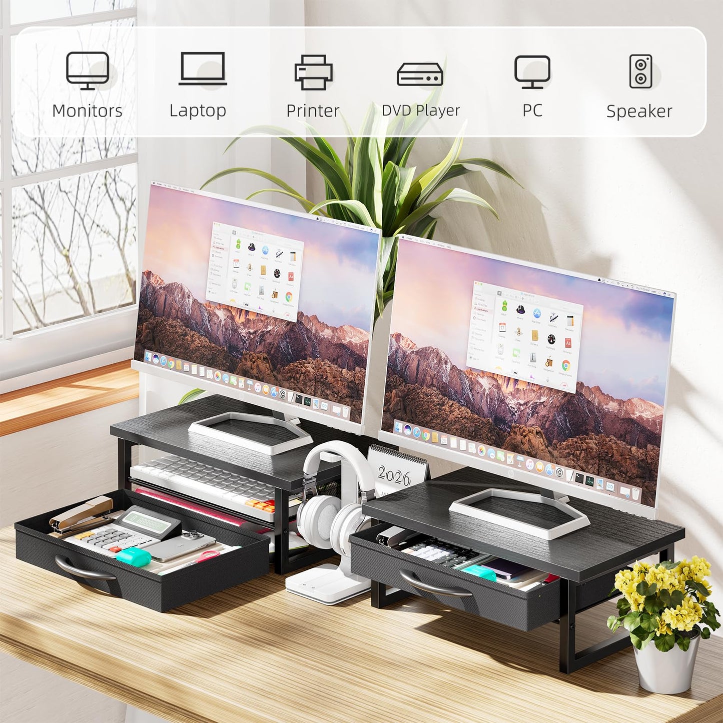 Ekisemio Computer Monitor Stand Riser, Desk Organizers and Accessories with Farbic Drawer, 2-Tier Wood and Metal Laptop Stand for Desk, Office Organizer Storage, Black