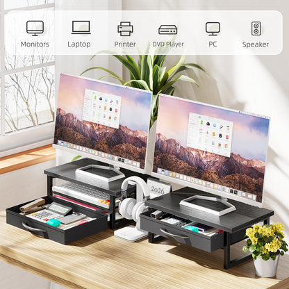 Ekisemio Computer Monitor Stand Riser, Desk Organizers and Accessories with Farbic Drawer, 2-Tier Wood and Metal Laptop Stand for Desk, Office Organizer Storage, Black