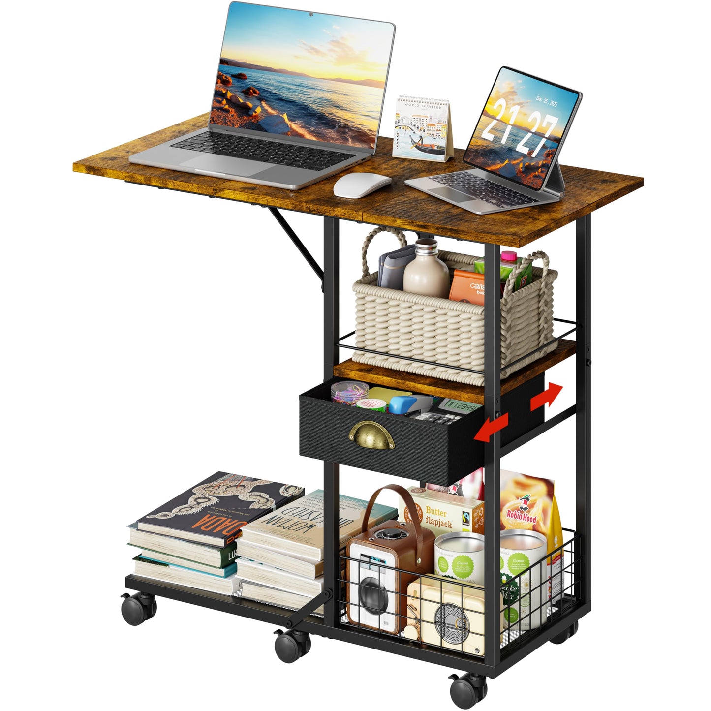 Rolling Coffee Table with Oversized Double-Wide Wood Top, Mobile Tv Tray with Storage Drawer and Wheels for Sofa, Portable Side Table for Living Room, Home Office, Spacious Desk for Working Studying