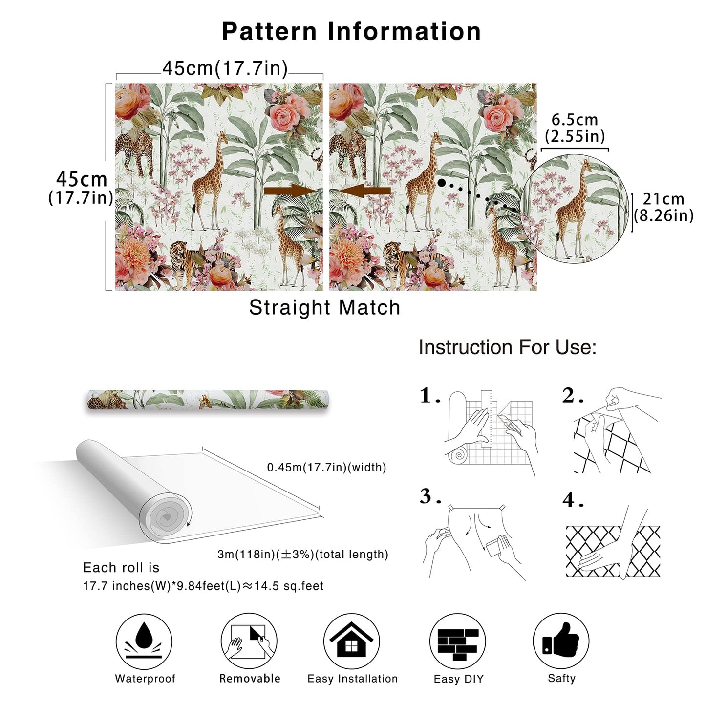 HAOKHOME Forest Peel and Stick Floral Wallpaper Jungle Animal Removable White/Green/Pink Vinyl Self Adhesive Mural 17.7in x 9.8ft
