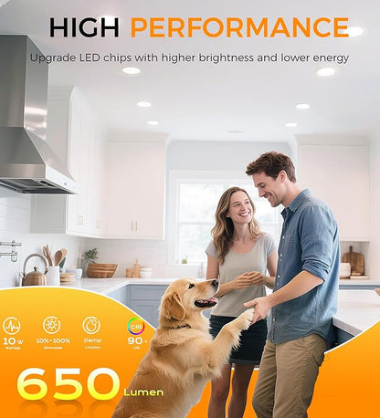 CLOUDY BAY 4 inch 3000K/4000K/5000K Three Color Temperature Selectable, Dimmable 10W CRI 90+,Ultra Thin Recessed Downlight with Junction Box, Canless Wafer Down Light, Damp Location,White Finish, 6PK