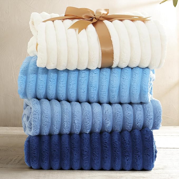 decorUhome Soft Fleece Navy Blue Blanket Queen Size for Bed, Cozy Fluffy Plush Flannel Large Striped Throws for Couch Sofa, Lightweight Decorative Fuzzy Blanket for Woman, 90x90 Inches
