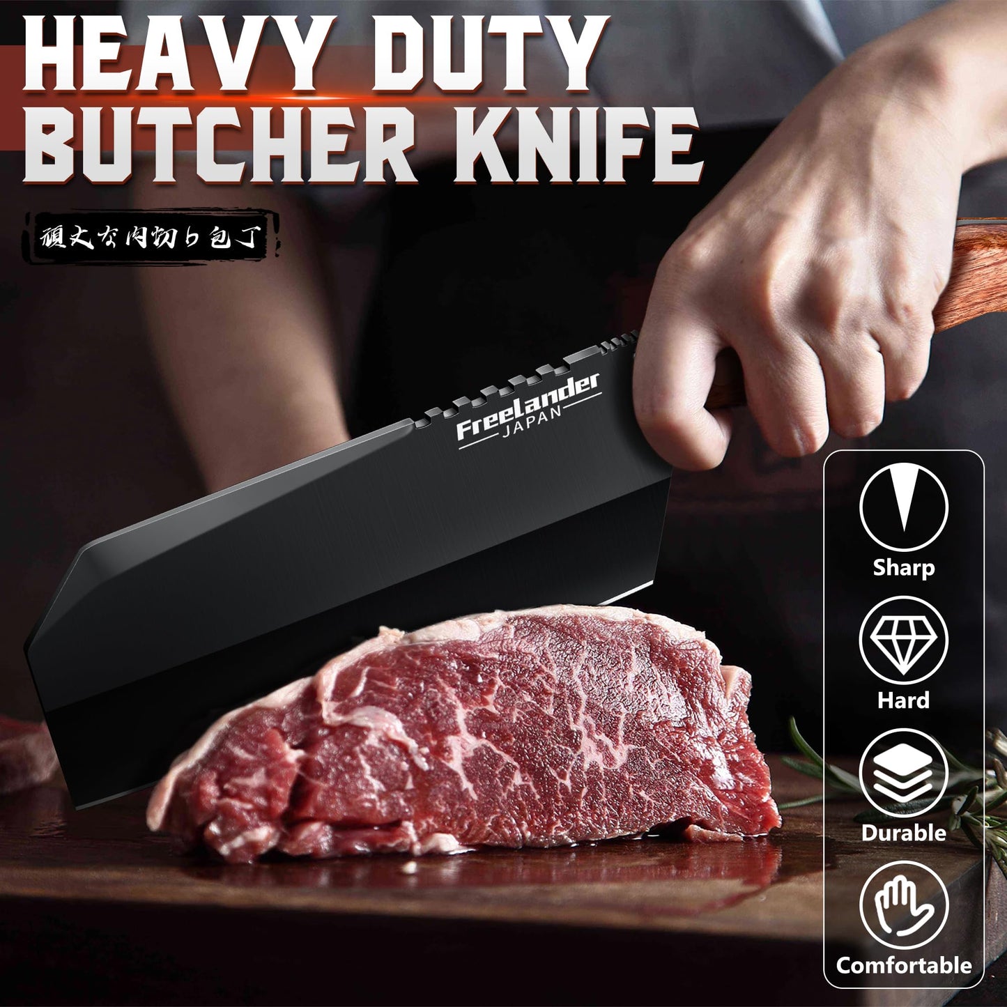 Freelander Butcher Knife Set 3 PCS, Japanese Chef Knife Set with Roll Bag, Full Tang Meat Cleaver for Kitchen & Camping & BBQ, Gift for Men