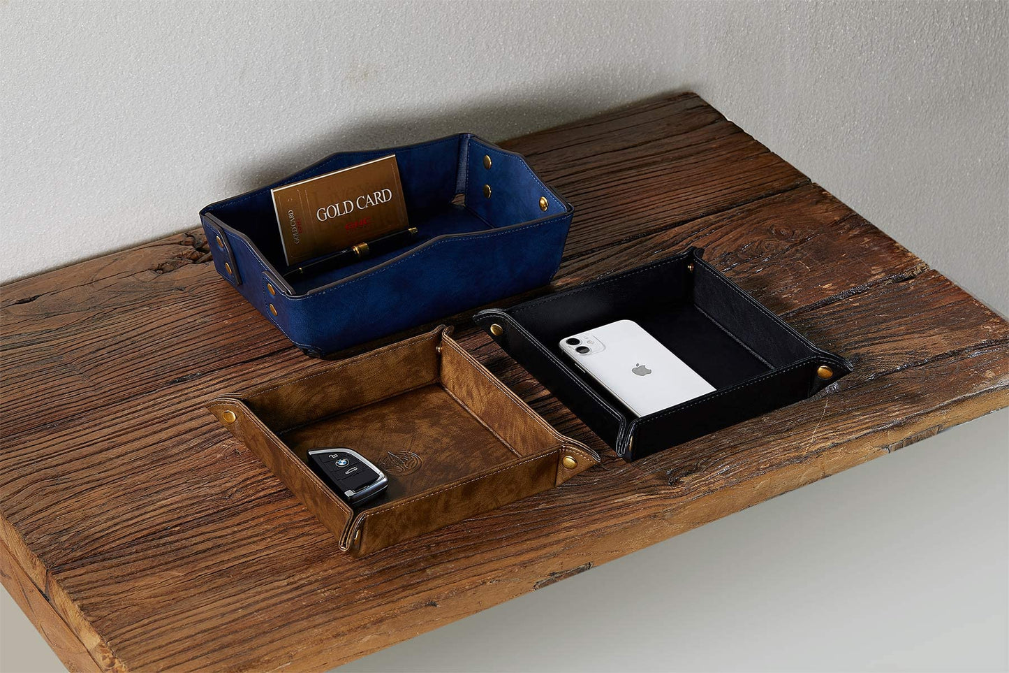 OARIE Leather Bedside Storage Tray - Jewelry Organizer for Girl's Key, Wallet, Coin Box - Travel PU Valet Tray (Dark Blue)