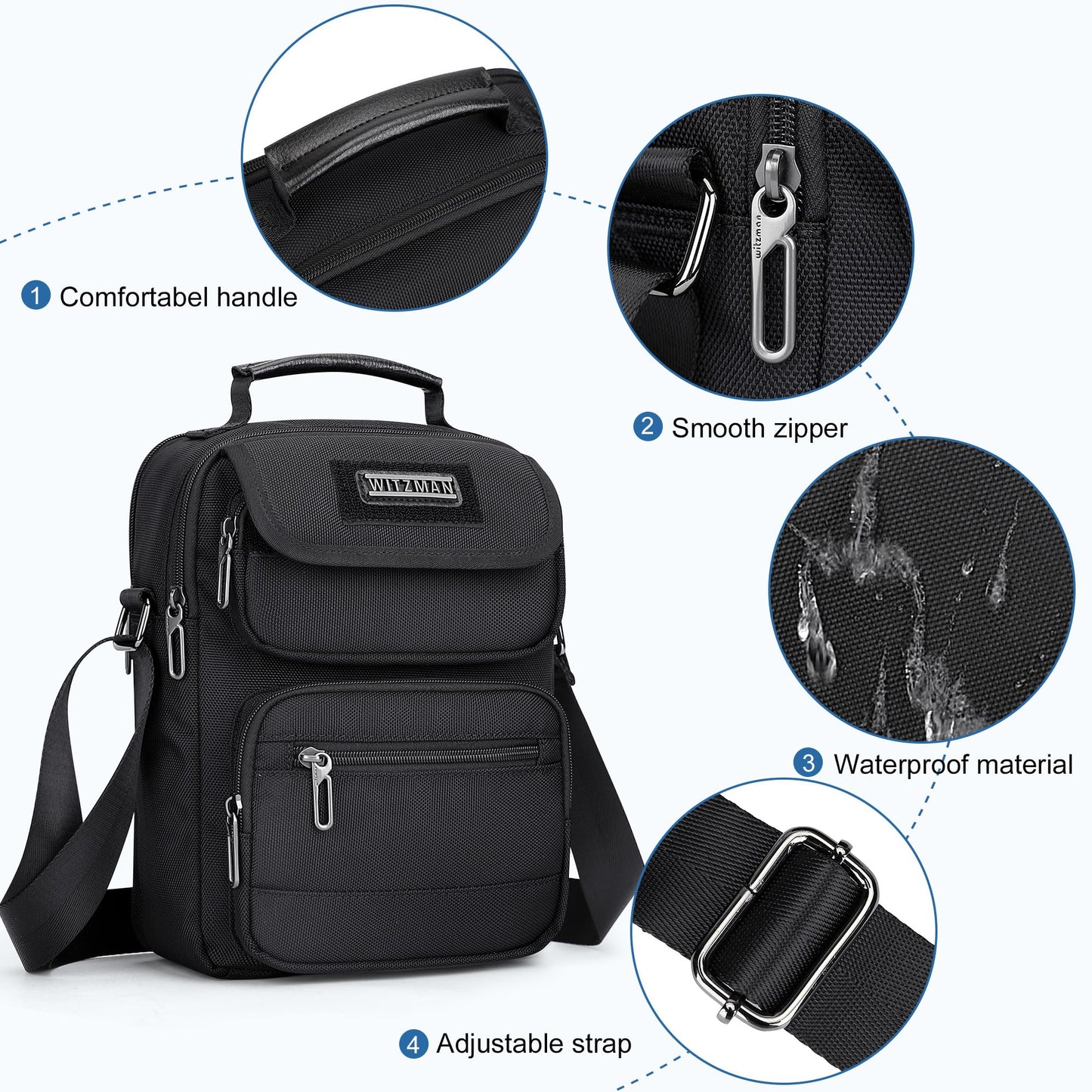 WITZMAN Crossbody Bag for Men Casual Shoulder Bag Lightweight Nylon Messenger Bag Small Man Purse for Work Travel(B710 Black)