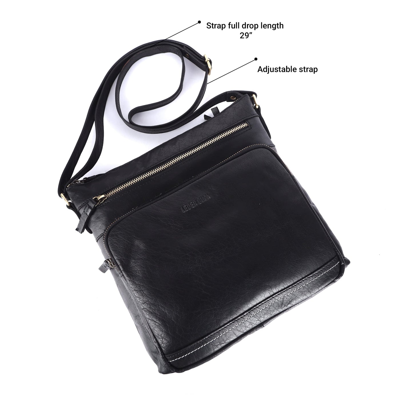 LEDERBUCK Olga Women's Extra-Large Genuine Leather Crossbody Purse – Soft Triple-Zip Shoulder Bag (Black)