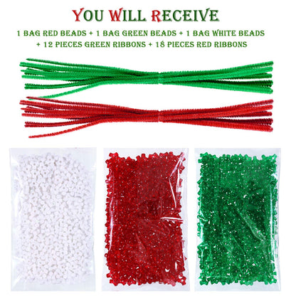 1170 Pieces Christmas Tri Beaded Ornament Kit Christmas DIY Craft Bead Includes 1140 Plastic Tri-shaped Beads 30 Chenille Stems Wreath Candy Cane for Christmas Xmas DIY Holiday Tree Hanging Decoration