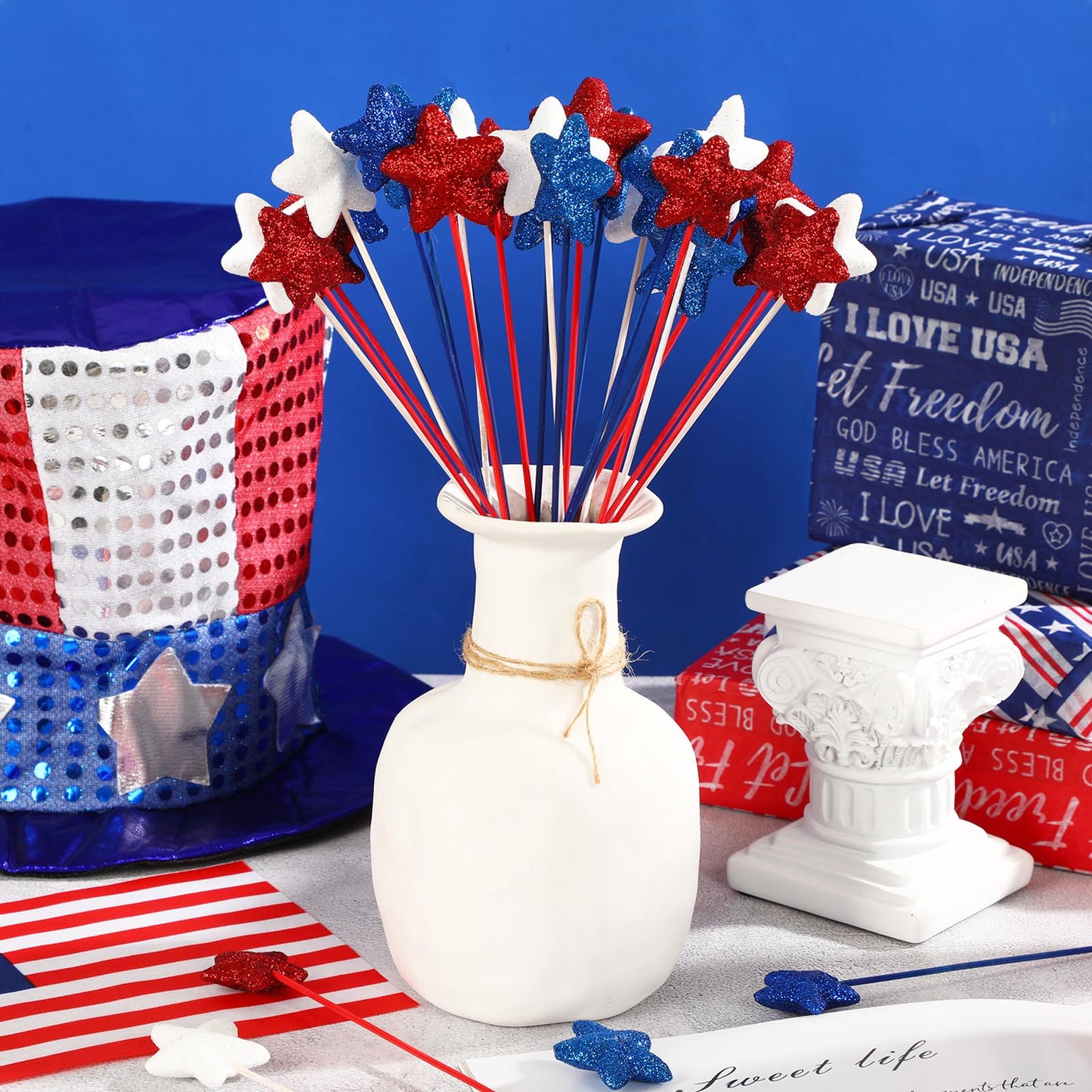 JUNEBRUSHS 4th of July Decorations, 108 Pcs Glitter Puffy Star Picks Foam Star Stems Red White and Blue Artificial Stem Flowers for Patriotic Wreath Table Centerpieces Decoration