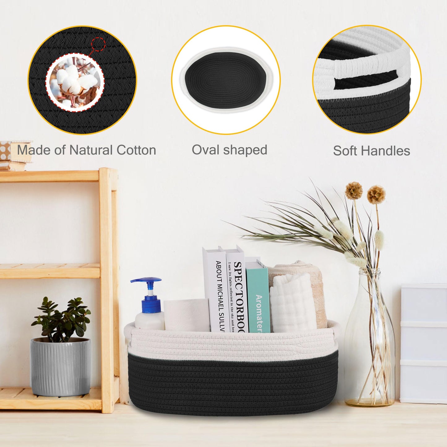 BOSROTY Small Woven Basket with Gift Bags and Ribbons, Empty Baby Gift Baskets for Kids Women Men, Shelf Storage, Small Cat Dog Pet Toy Boxes, 13”x 9”x 5.5”, Black