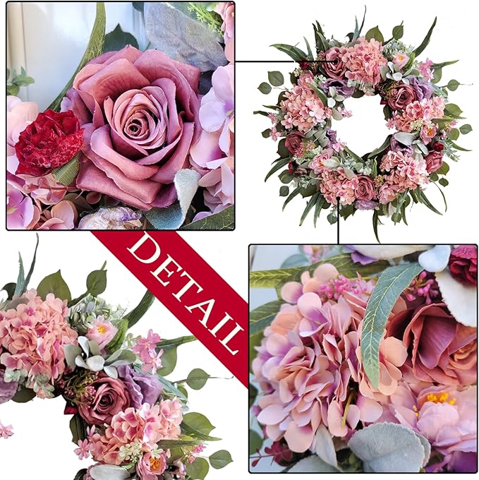 WANNA-CUL 24 Inch Spring Hydrangea Wreaths for Front Door,Spring Front Door Wreath with Rustic Pink Rose and Peony Flower for Wedding or Indoor&Outdoor Decoration
