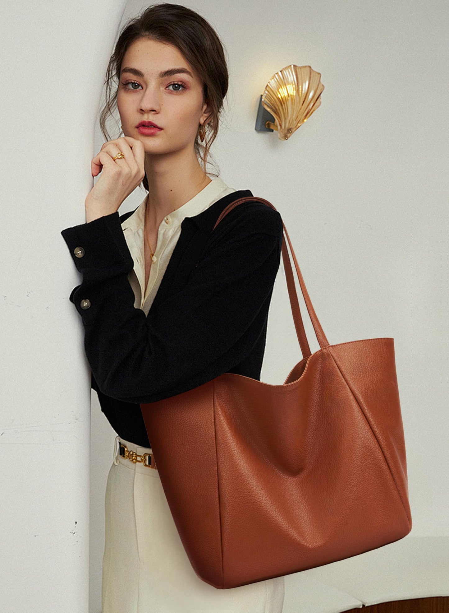 KALIDI Large Tote Bag Vegan Leather Casual Zipper Work Bag Weekender Hobo for Women 25L Oversize Shoulder Travel Purse