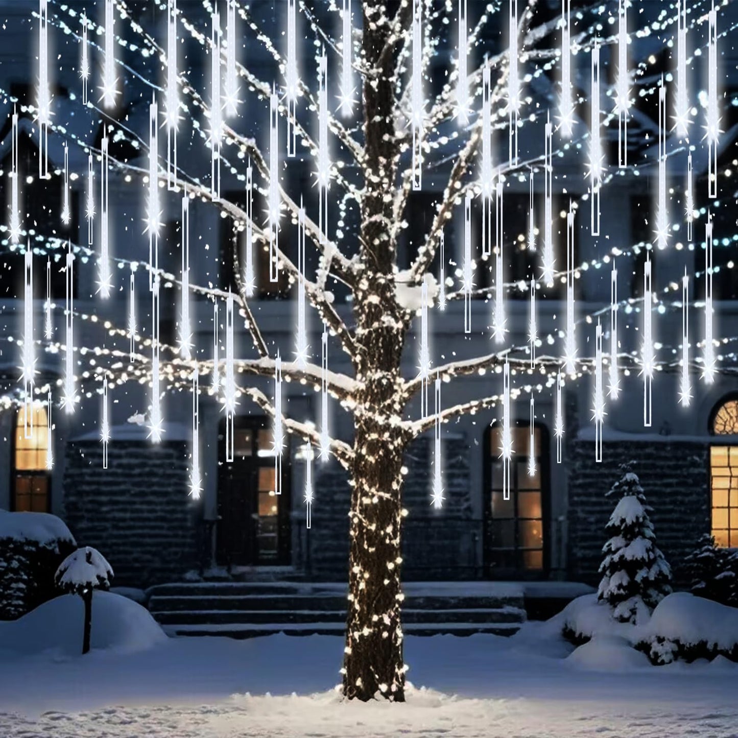 Meteor Shower Lights Outdoor Christmas Lights 24-Tube 576LEDs Snow Falling Rain Cascading Icicle String Light for Xmas Tree Christmas Decorations Wedding Party Holiday Yard Garden Decor, UL Plug White
