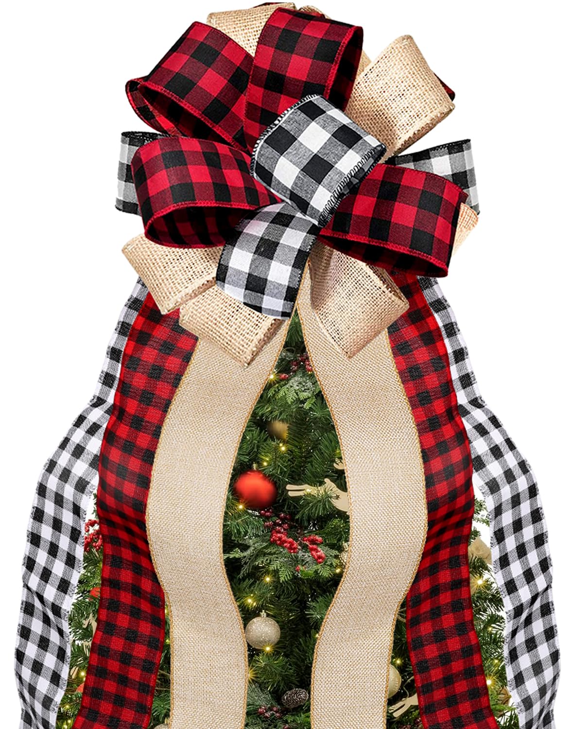 Fvviia Christmas Tree Topper Large Buffalo Plaid Burlap Red and Black Gift Bow for Xmas Tree Handmade Holiday Party Decorations-13 x 29 Inch