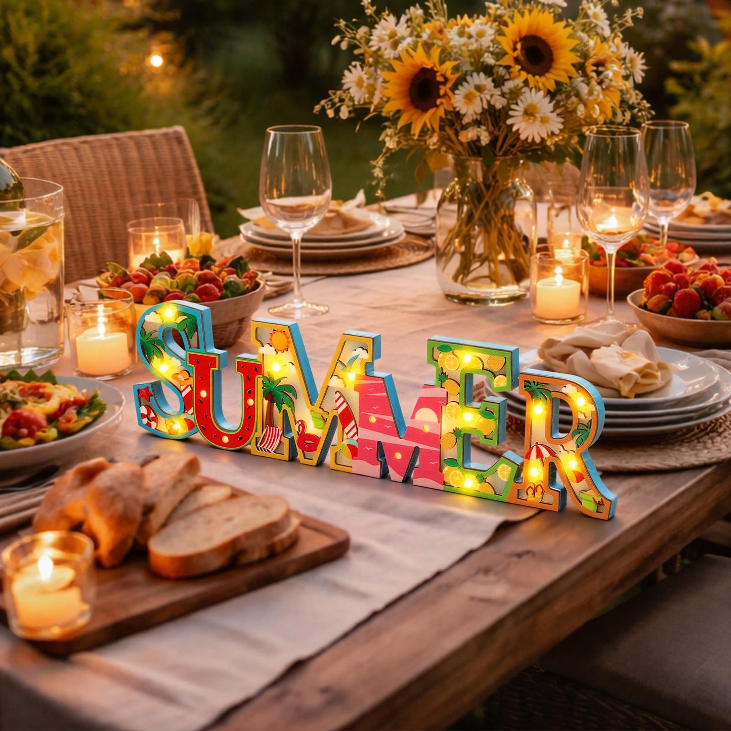 Geetery Summer LED Wooden Sign Watermelon Wooden Words Sign Tabletop Centerpiece Decor Beach Decorations for Summer Table Home Indoor Party