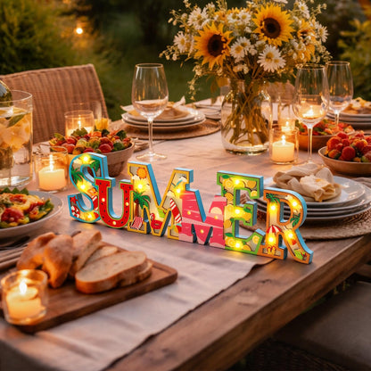 Geetery Summer LED Wooden Sign Watermelon Wooden Words Sign Tabletop Centerpiece Decor Beach Decorations for Summer Table Home Indoor Party