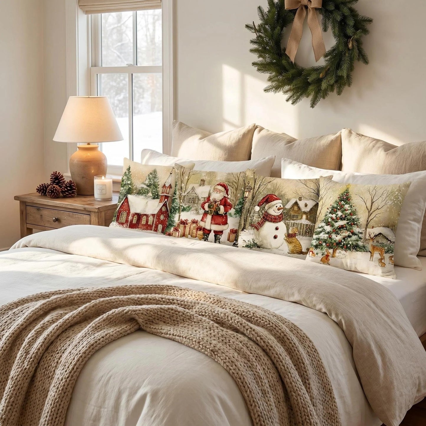 Ni-JASW Rustic Farmhouse Christmas Throw Pillow Covers 18x18 inch Set of 4, Snowy Church Santa Snowman Cushion Cases for Couch Sofa Bed Holiday Decor