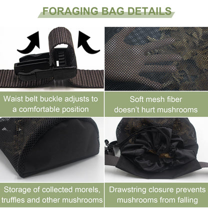 Morel Mushroom Foraging Bag with Adjustable Waistband, 2 Mesh Picking Bags for Collecting Mushrooms, Outdoor Hunting Bags Lightweight and Sturdy to Wear Around Waist, Harvesting Bag, 1 Tool Bag