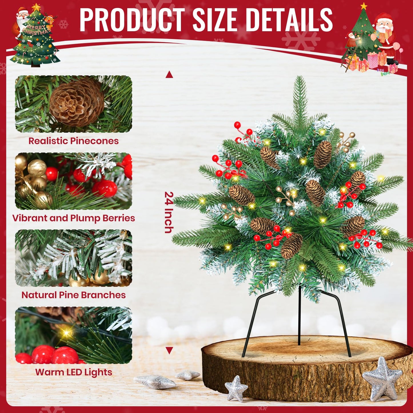 Set of 2 24Inch Lighted Christmas Tree Urn Filler, Artificial Holiday Planters, Flocked Xmas Trees with Cones Berries, Outdoor Christmas Decorations for Planter, Porch, Yard