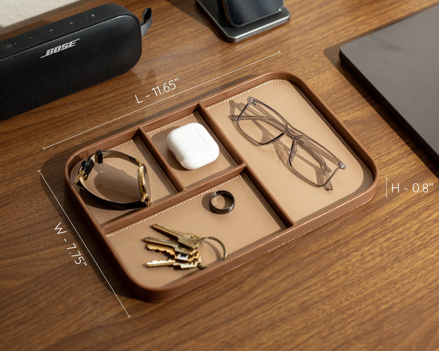 MUUJEE Leather Catchall Multitray (Design 1) - 11.65 x 7.75 x 0.8, Everyday Watch and Wallet Caddy Organizer with 4 Compartments, Accessory Glasses Phone Valet Dump Tray for Bedside Nightstand, Tan