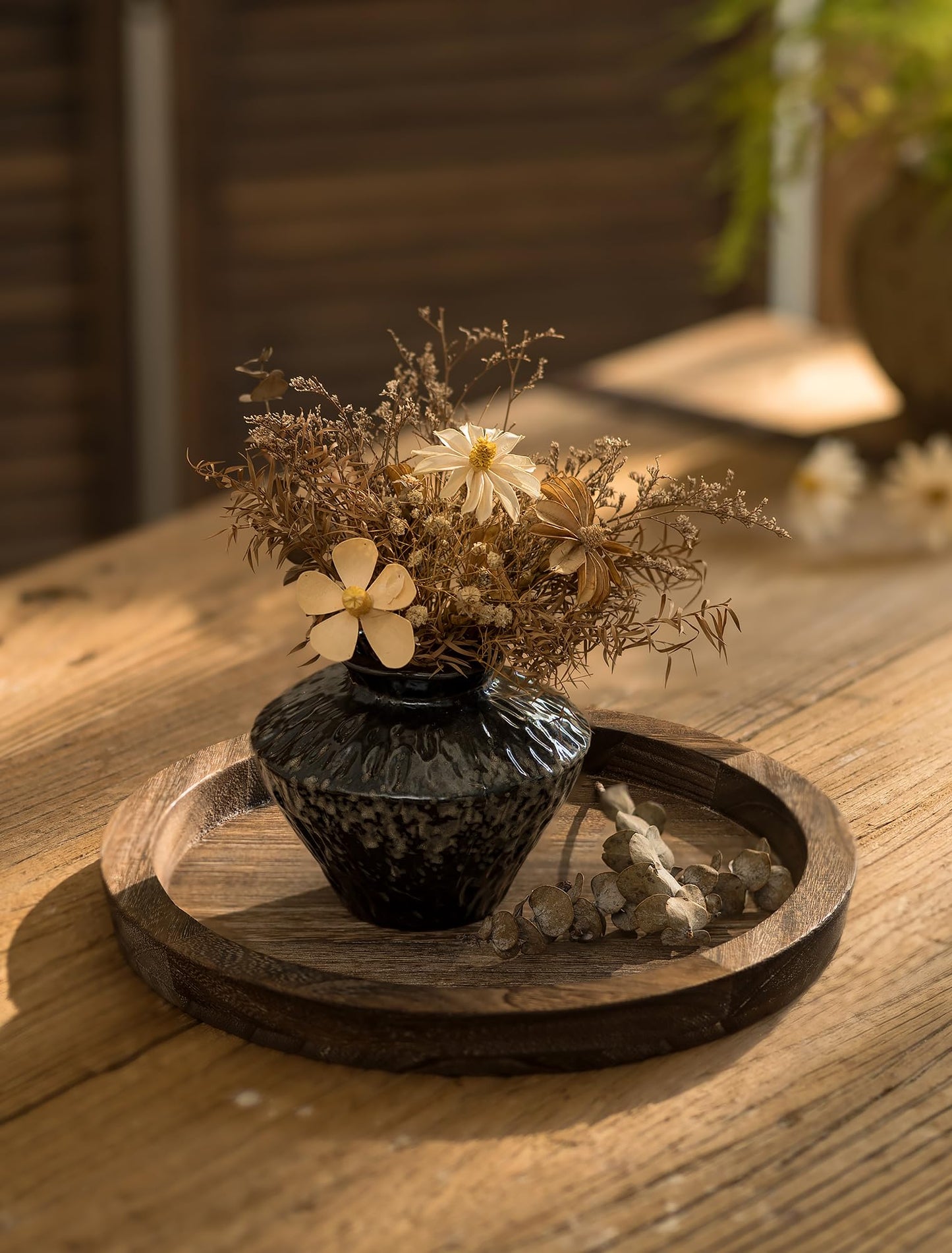 Hanobe Candle Plate Holder Tray: Round Wood Decorative Candle Plate - Rustic Farmhouse CoffeeTable Decor - Tealight Pillar Trays for Home Decor (Distressed)