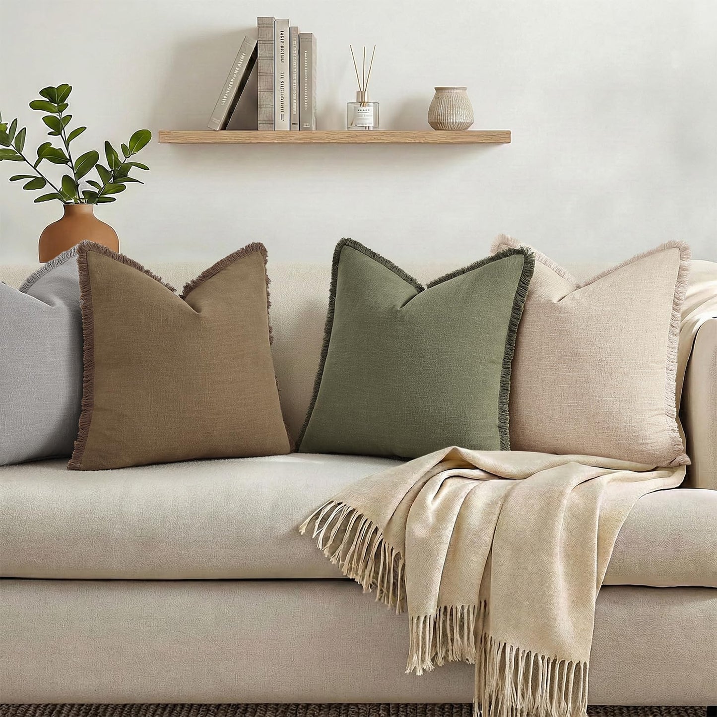 decorUhome Summer Decorative Neutral Linen Fringe Throw Pillow Covers Set of 2 Olive Green Pillow Covers with Tassels Soft Farmhouse Boho Accent Pillow Cases for Couch Bed Sofa 18x18 Inch