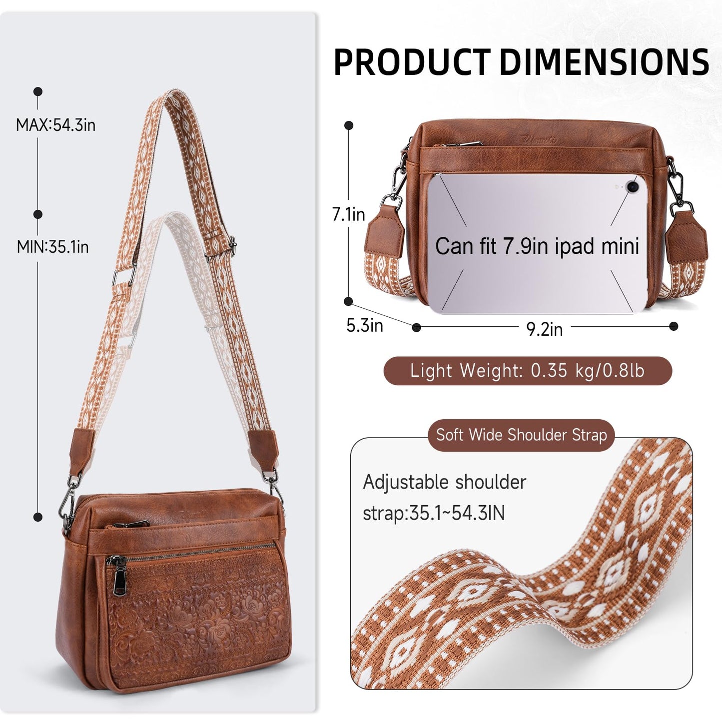 VIMUTI Crossbody Bags for Women Trendy,Leather Crossbody Purses Embossed Design,Multi Pocket Lightweight Shoulder Handbag (01-Brown)