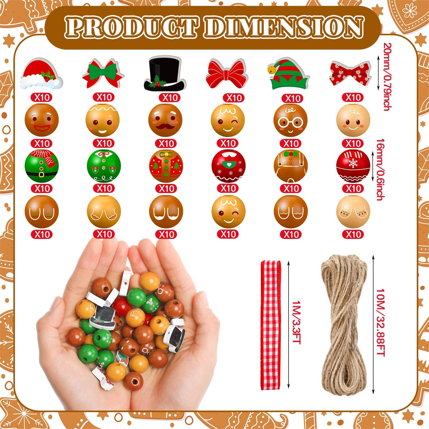 Cinnvoice 240 Pcs Winter Wood Beads with Twine Snowman Gingerbread Man Nutcracker Wooden Bead Garland DIY Crafts Round Beads for Holiday Party Farmhouse Home(Gingerbread Man)