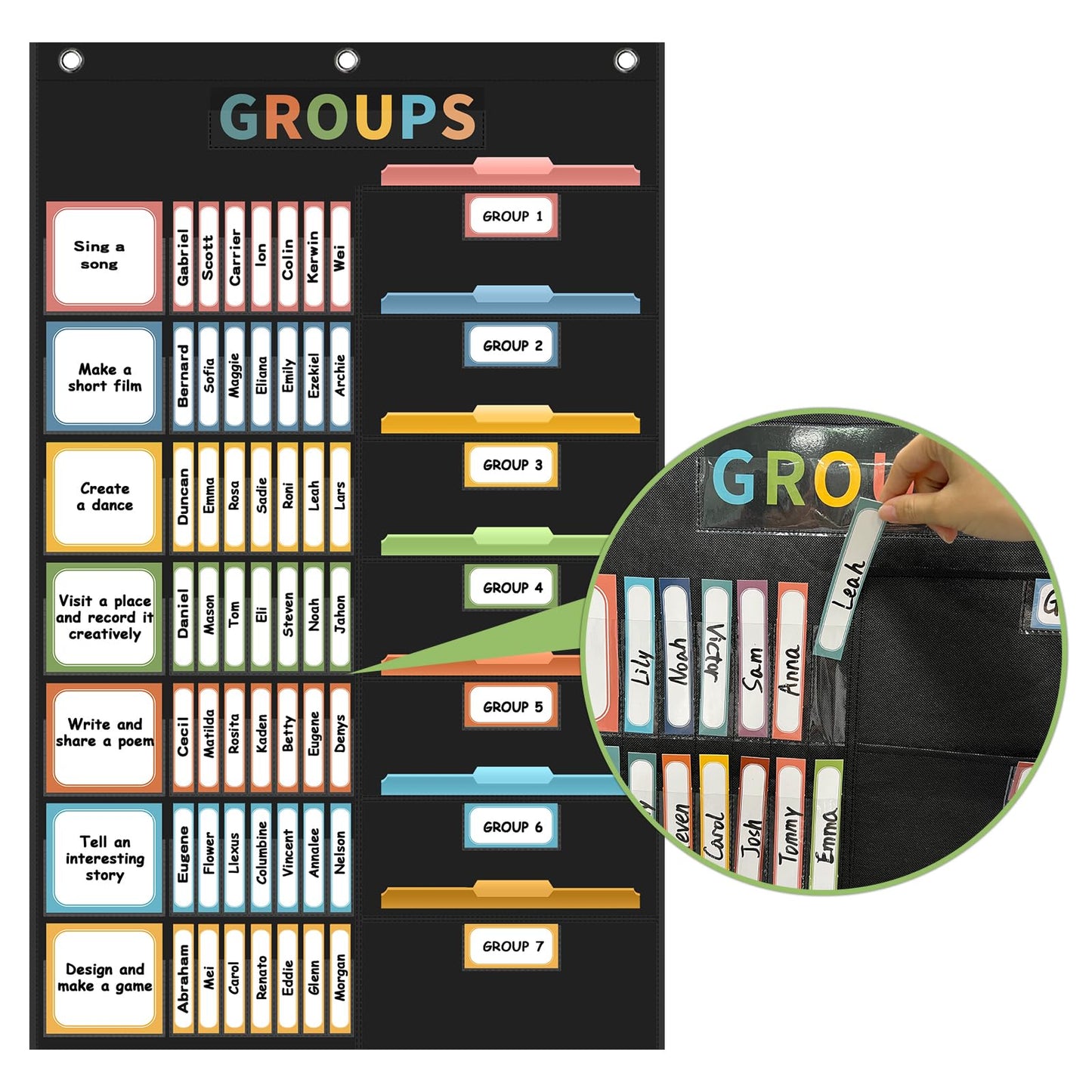 REGELETO Boho Small Group Management Pocket Chart with 114 Cards, Large Size 46 x 26.3 inch Classroom Small Group Organizer for School Teacher Homeschool Learning Supplies (Black)