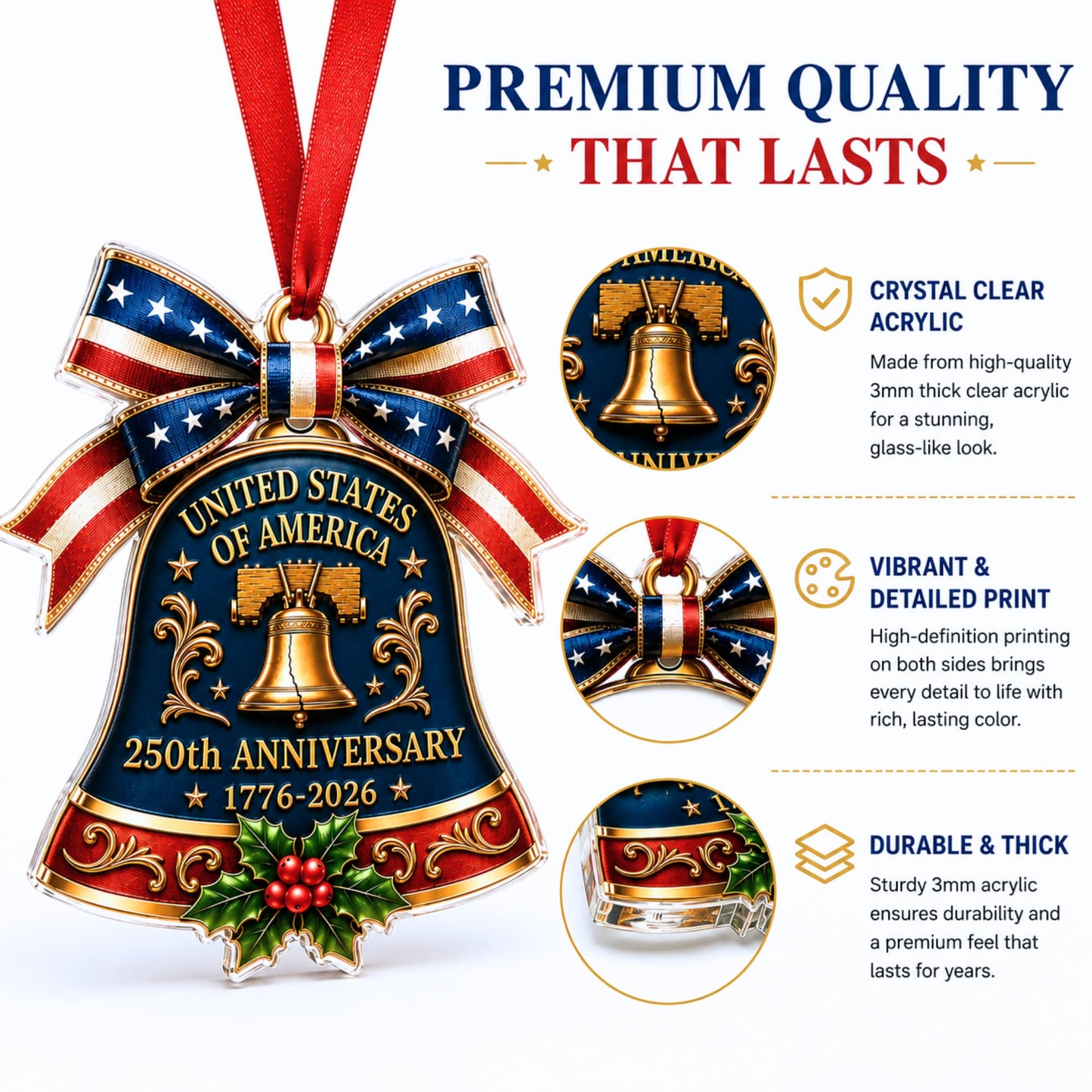 250 Anniversary Ornament 1776-2026, 2D Acrylic 250th Merchandise, USA America Anniversary Christmas Ornament, Fourth of July Decorations, Patriotic Decor, American Birthday Gifts