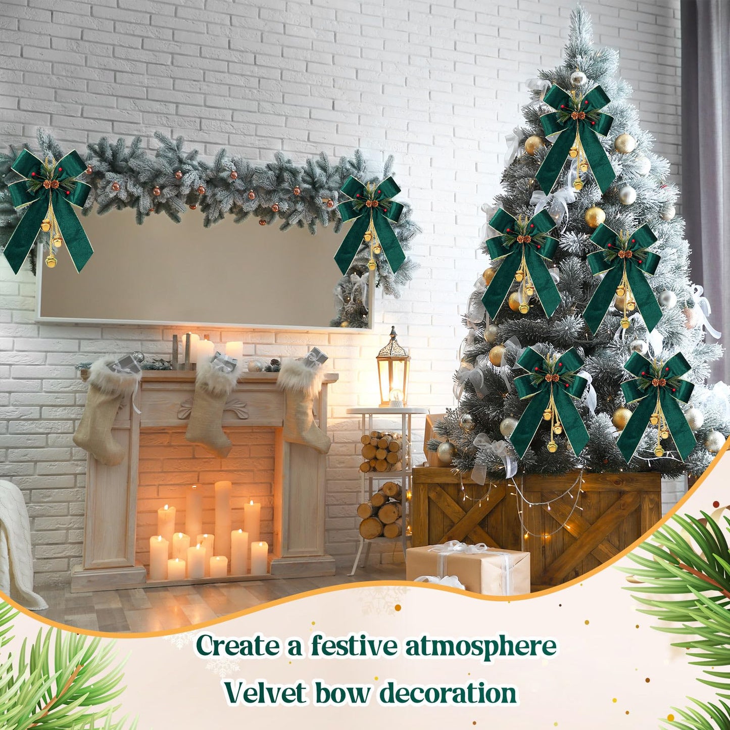 Yinkin 4 Pcs Christmas Tree Wreath Bow Christmas Ribbon Bows with Bells 11 x 7.8 in Velvet Pine Cone Bowknot Xmas Tree Hanging Ornaments Decor for Home Xmas Party Outdoor Indoor (Retro Green)