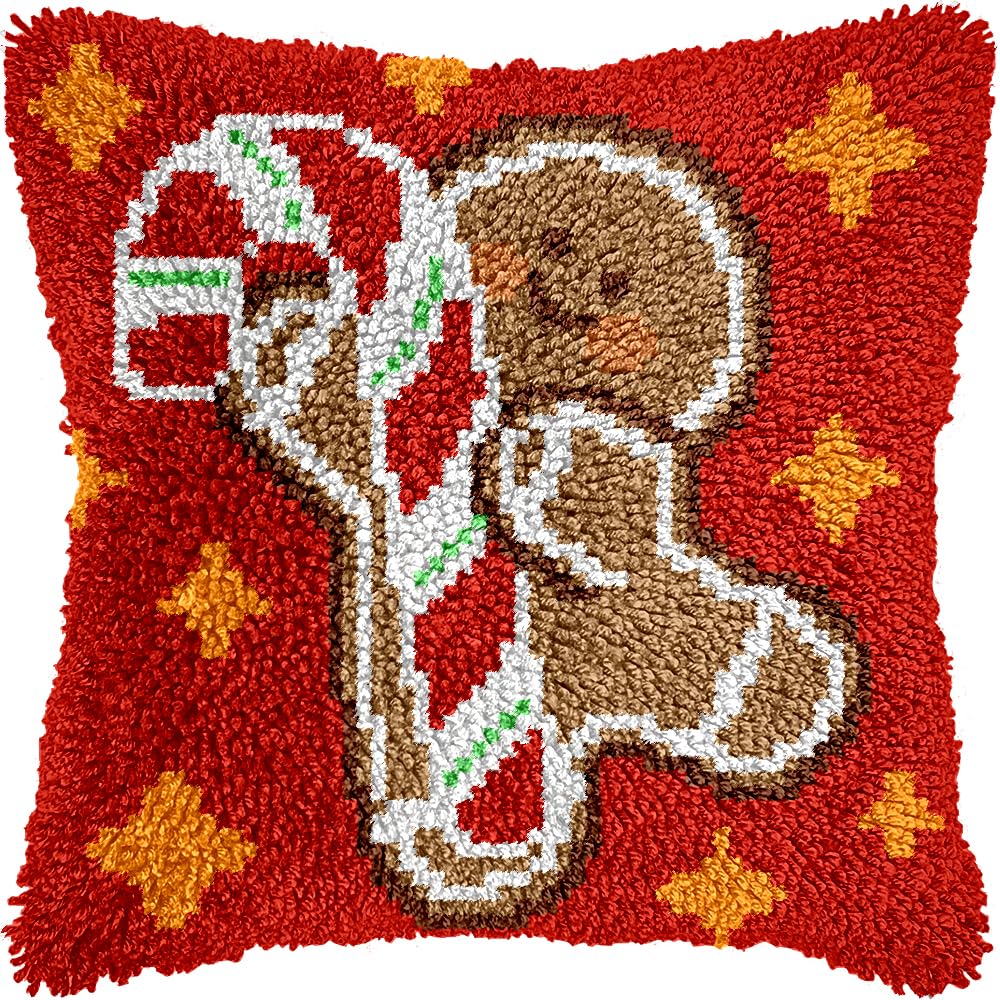 QIONG MENG Latch Hook Kits for Adults, DIY Christmas Gingerbread Pattern Pillow Cover Kit Needlework Cushion Cover Hand Craft Crochet for Home Sofa Decorations 17 x 17 Inch