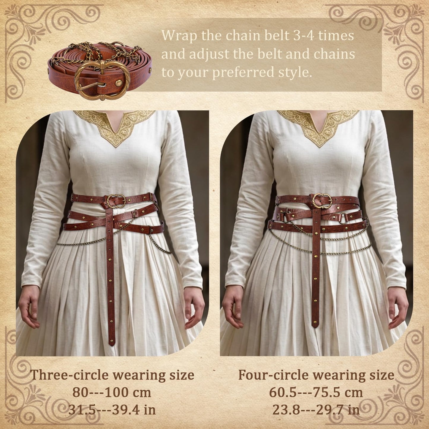 Minhuida 3PCS Medieva Adjustable Faux Leather Metal Chain Belt Set DIY, With leaf purse and skirt hike Clips, For Ren Faire & cosplay (Brown -A)