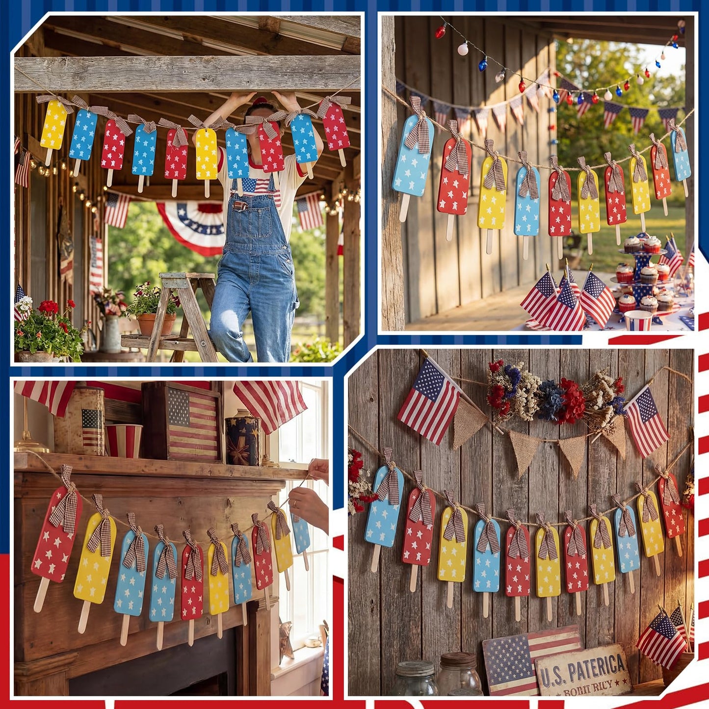 HunnmingRe Summer Patriotic Garland 10 ft 4th of July Red Blue White Yellow Banner American Summer Ice Cream Hanging Decoration for 250th Anniversary Independence Day Home Mantel Wall Party Supplies