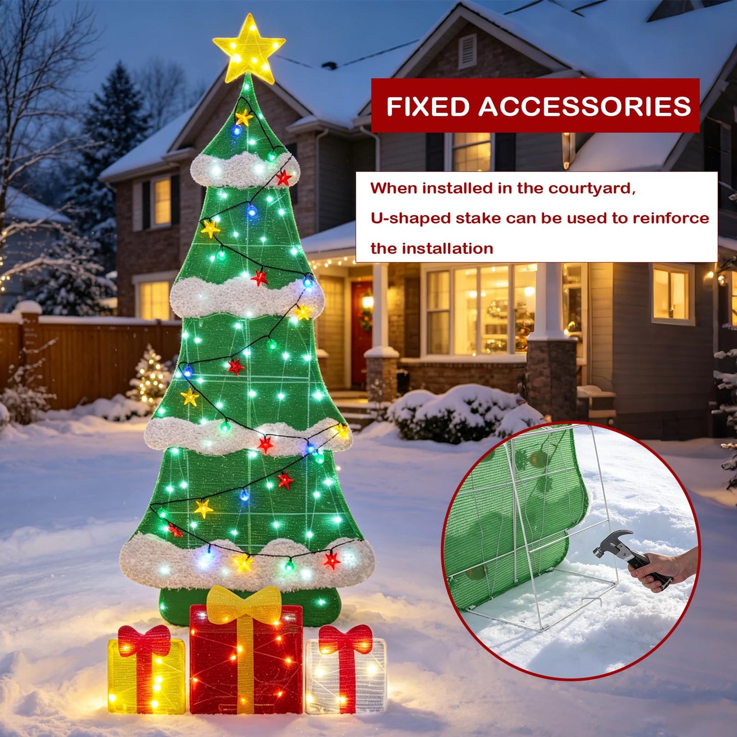 3ft 2D Christmas Tree Outdoor Decorations with 100 Twinkling LED Lights, 8 Light Modes, Large Holiday Yard Ornament for Patio, Lawn, Home（Sphere+Star）