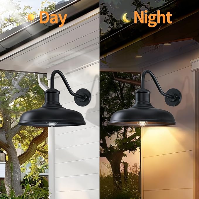 13.8'' Diameter Large Outdoor Gooseneck Barn Light 2 Packs, Outdoor Wall Sconce Farmhouse Exterior Light Wall Lighting Fixture Industrial Outside Lantern for Porch, Patio, Garage, Black (No Sensor)