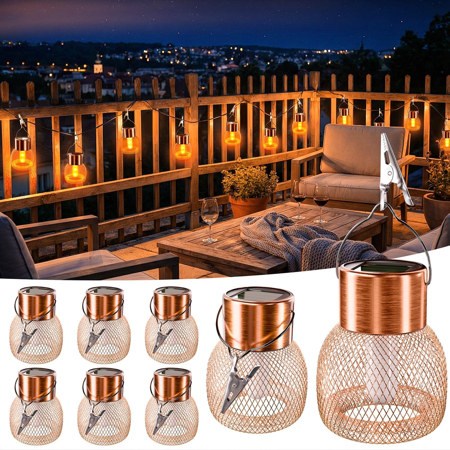 Anordsem Solar Hanging Lights Outdoor: 8 Metal Mesh Flame Lanterns with Clip - Waterproof LED Warm Lighting for Christmas Tree Yard Garden Decor - Xmas DIY Gift for Homeowners Camper